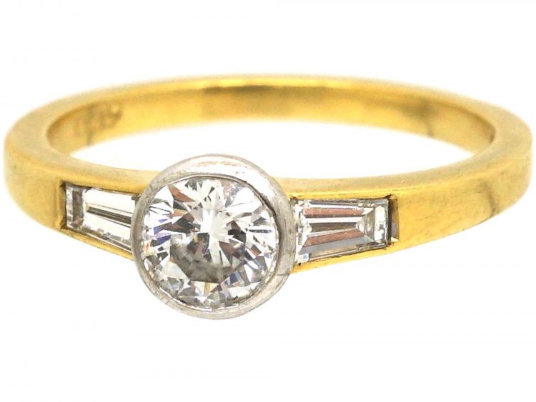 18ct Gold Diamond Solitaire Ring with Tapered Baguette Shoulders