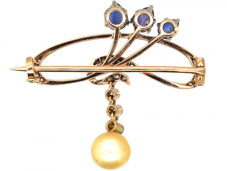 Art Nouveau 18ct Gold Brooch set with Diamonds & Three Sapphires