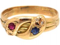 Victorian 15ct Gold Double Snake Ring set with a Ruby & Sapphire With Rose Diamond Eyes