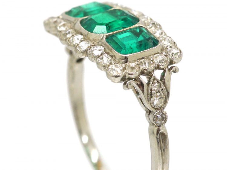 Art Deco Platinum, Three Stone Emerald & Diamond Cluster Ring