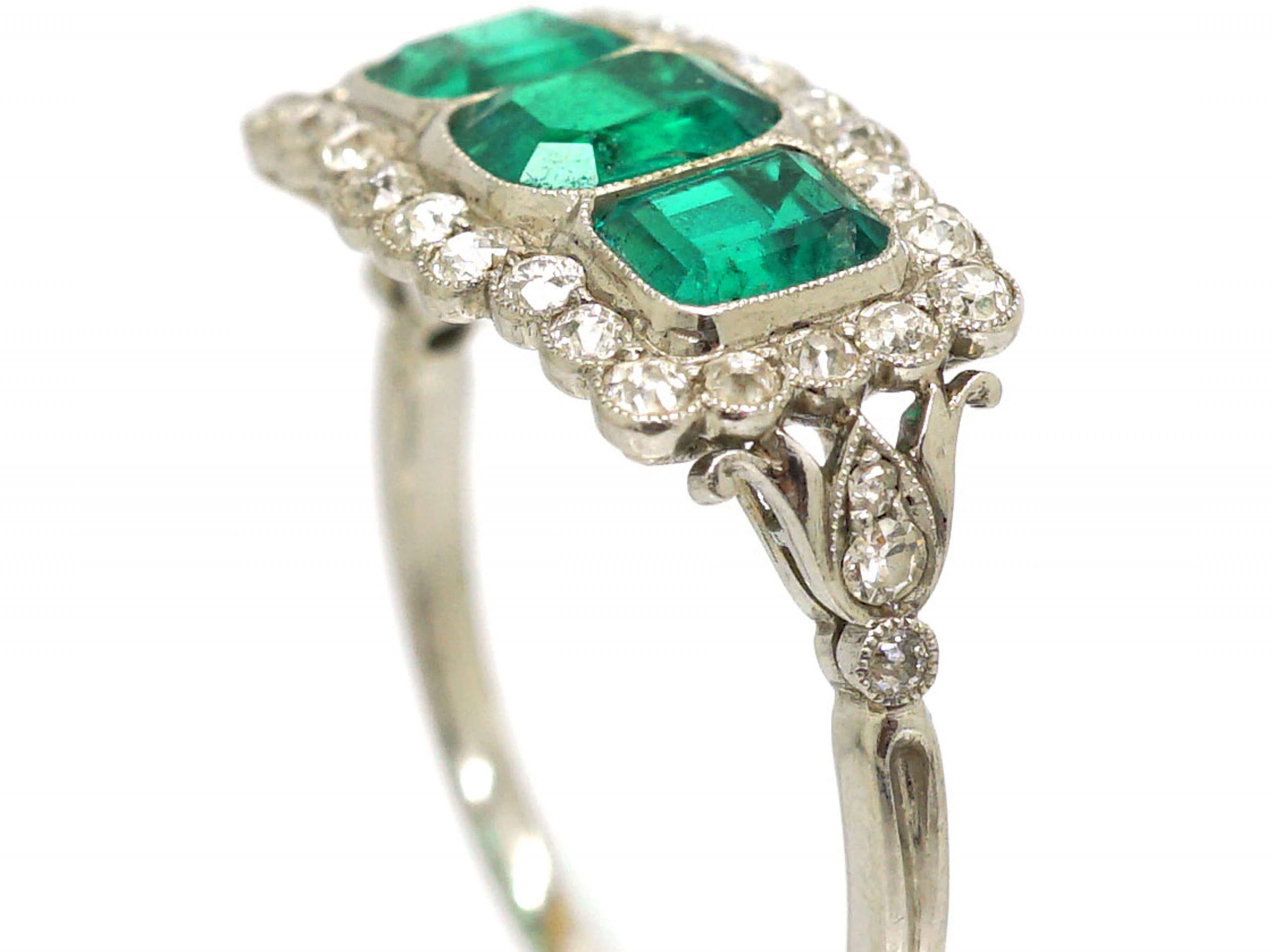 Art Deco Platinum, Three Stone Emerald & Diamond Cluster Ring (77T ...