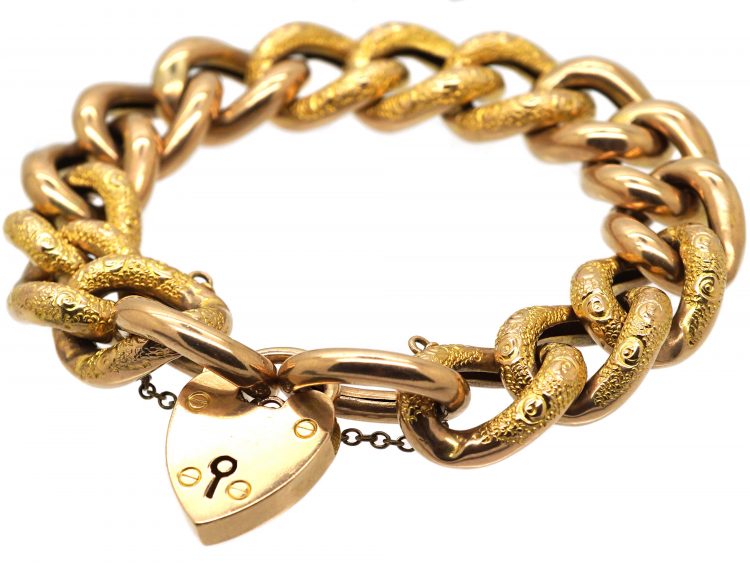 Edwardian 9ct Gold Curb Bracelet with Alternate Engraved & Plain Links