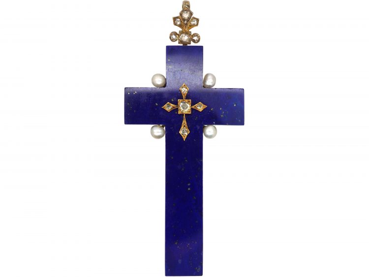 Victorian Lapis Lazuli, Rose Diamond & Natural Pearl Cross