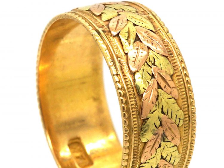 Victorian Three Colour 18ct Gold Wedding Ring with Laurel Leaf Motif