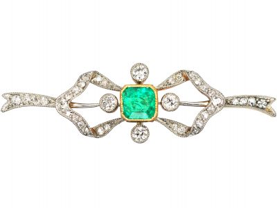 Art Deco 15ct Gold & Platinum, Emerald & Diamond Bow Brooch
