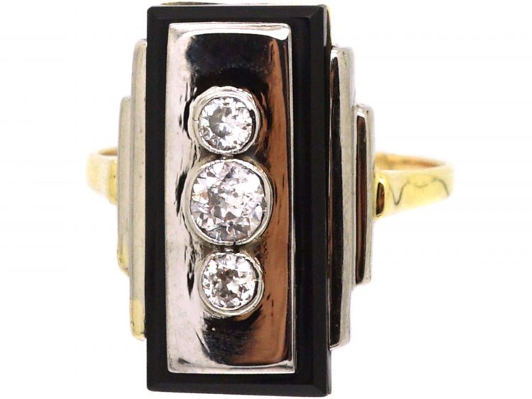 Art Deco 14ct White & Yellow Gold Onyx & Three Stone Diamond Rectangular Shaped Ring