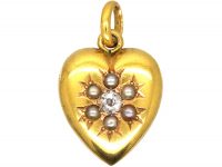 Edwardian 15ct Gold Heart Pendant set with a Diamond & Natural Split Pearls