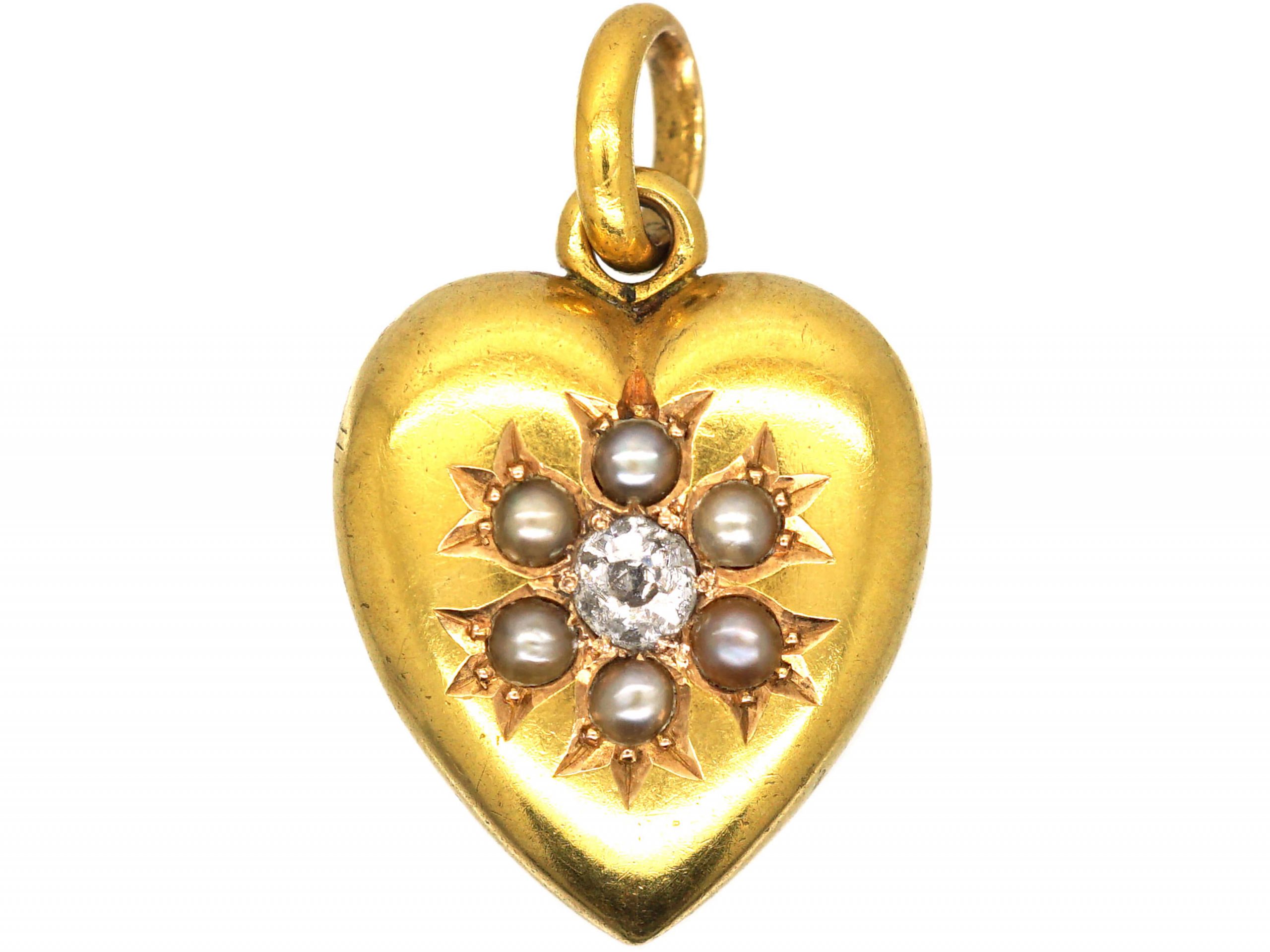 Edwardian 15ct Gold Heart Pendant set with a Diamond & Natural Split ...