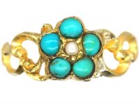 Regency 15ct Gold, Turquoise & Natural Split Pearl Forget Me Not Ring