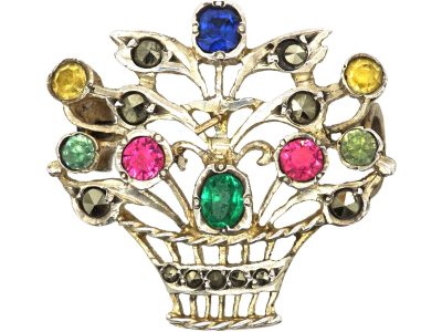 Edwardian Silver, Marcasite & Coloured Paste Giardinetti Brooch