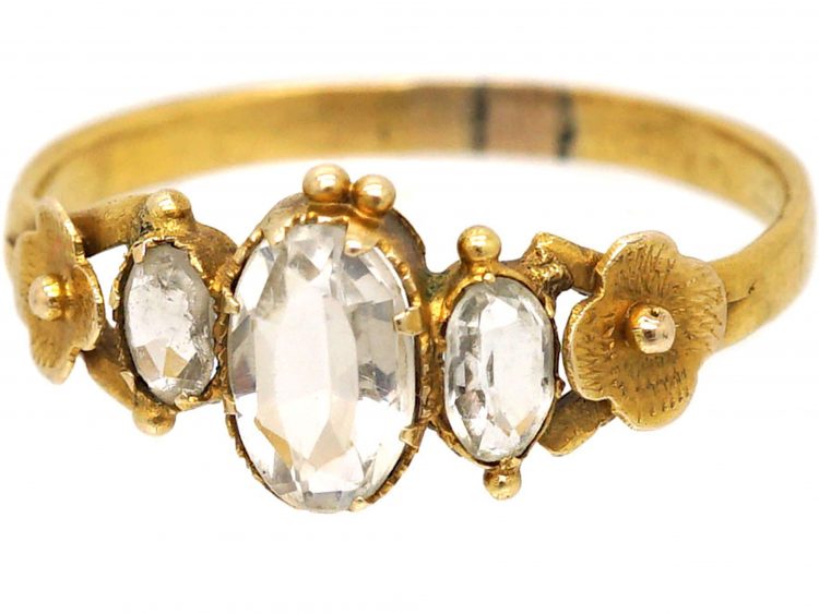 Regency 15ct Gold, Three Stone Aquamarine Ring with Flower Detail