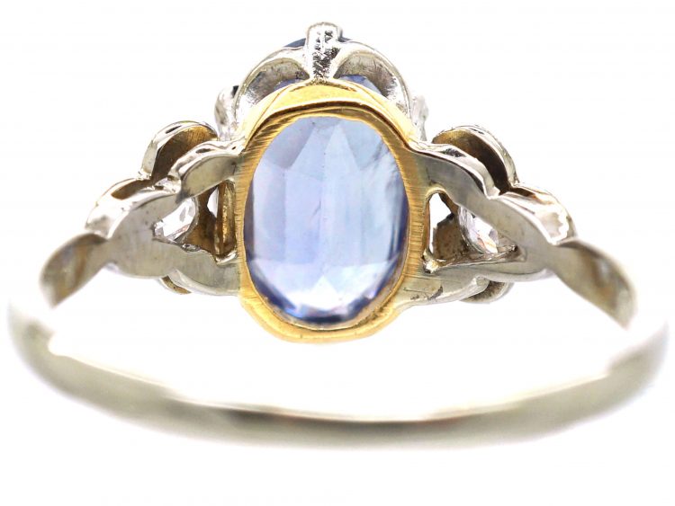Art Deco 18ct White Gold Sapphire Ring with Diamond set Trefoil Shoulders