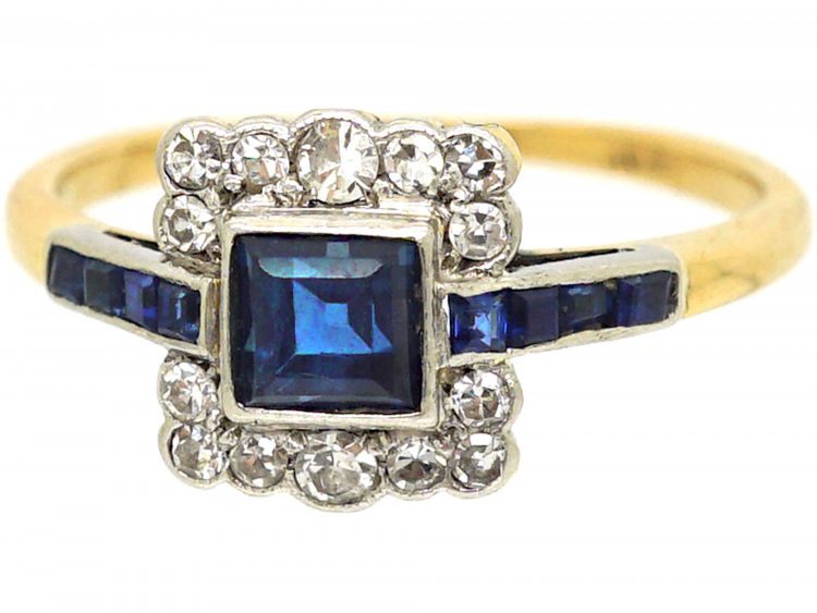 Art Deco 18ct Gold, Sapphire & Diamond Square Ring with Sapphire Shoulders