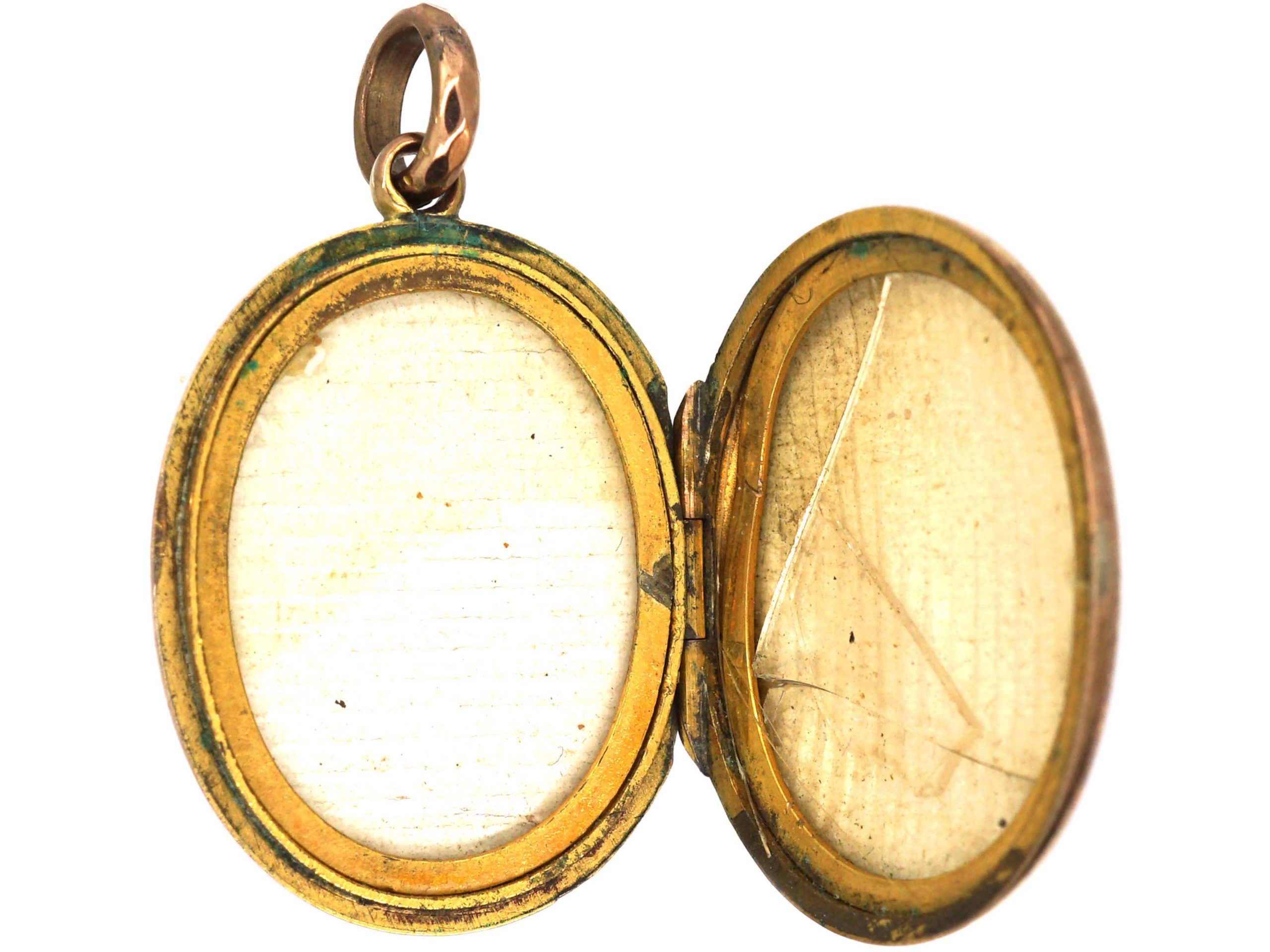 Edwardian 9ct Gold Back & Front Oval Locket with Green Paste & Natural ...