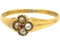 Regency 15ct Gold, Natural Split Pearls & Ruby Flower Ring