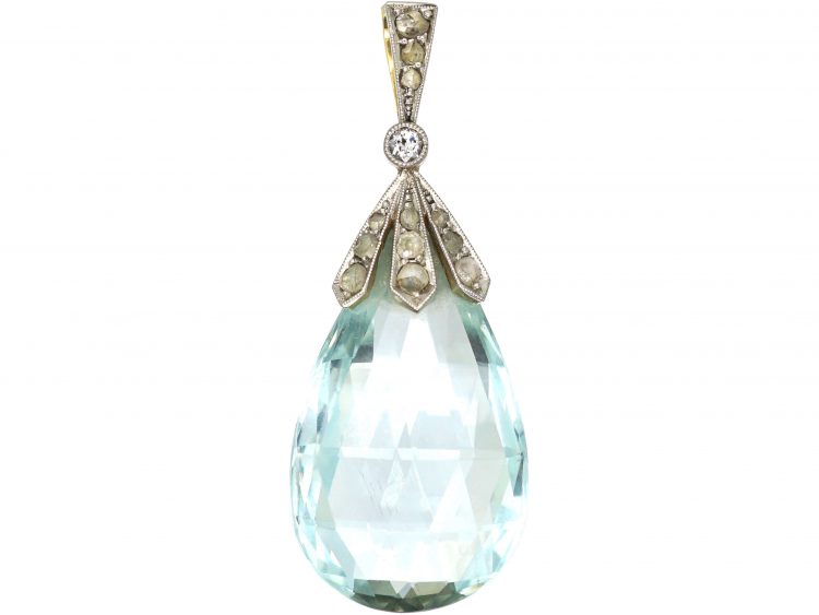 Art Deco 18ct Gold & Platinum, Aquamarine & Rose Diamond Pendant
