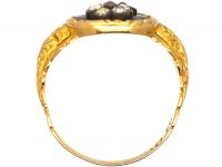 Regency 18ct Gold Mourning Ring with Black Enamel & Rose Diamond Set Forget Me Not