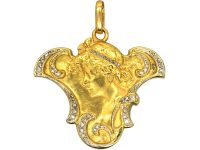 Art Nouveau 18ct Gold & Rose Diamond pendant of a Lady with Locket on Reverse