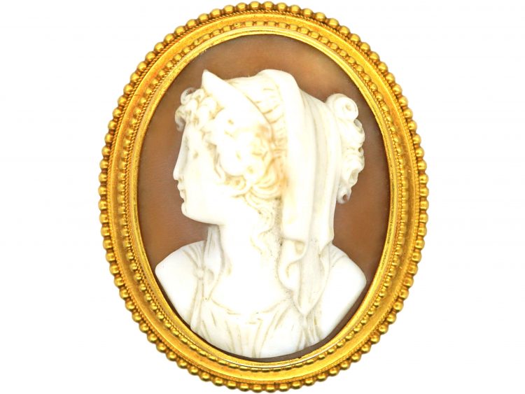 Victorian 15ct Gold, Shell Cameo Brooch of a Greek Lady