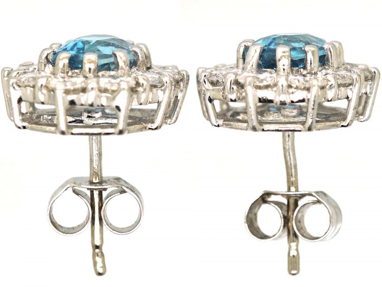 18ct White Gold, Aquamarine & Diamond Oval Cluster Earrings by Cropp & Farr