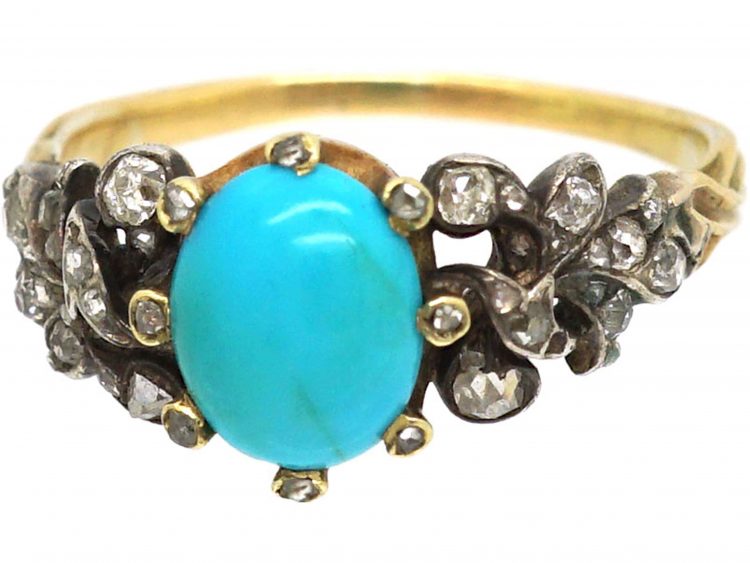 Early Victorian 15ct Gold & Turquoise Ring set with Old Mine Cut & Rose Diamonds