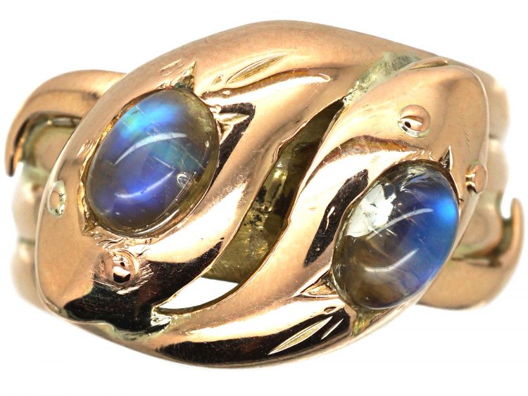 Edwardian 9ct Gold Double Snake Ring set with Moonstones