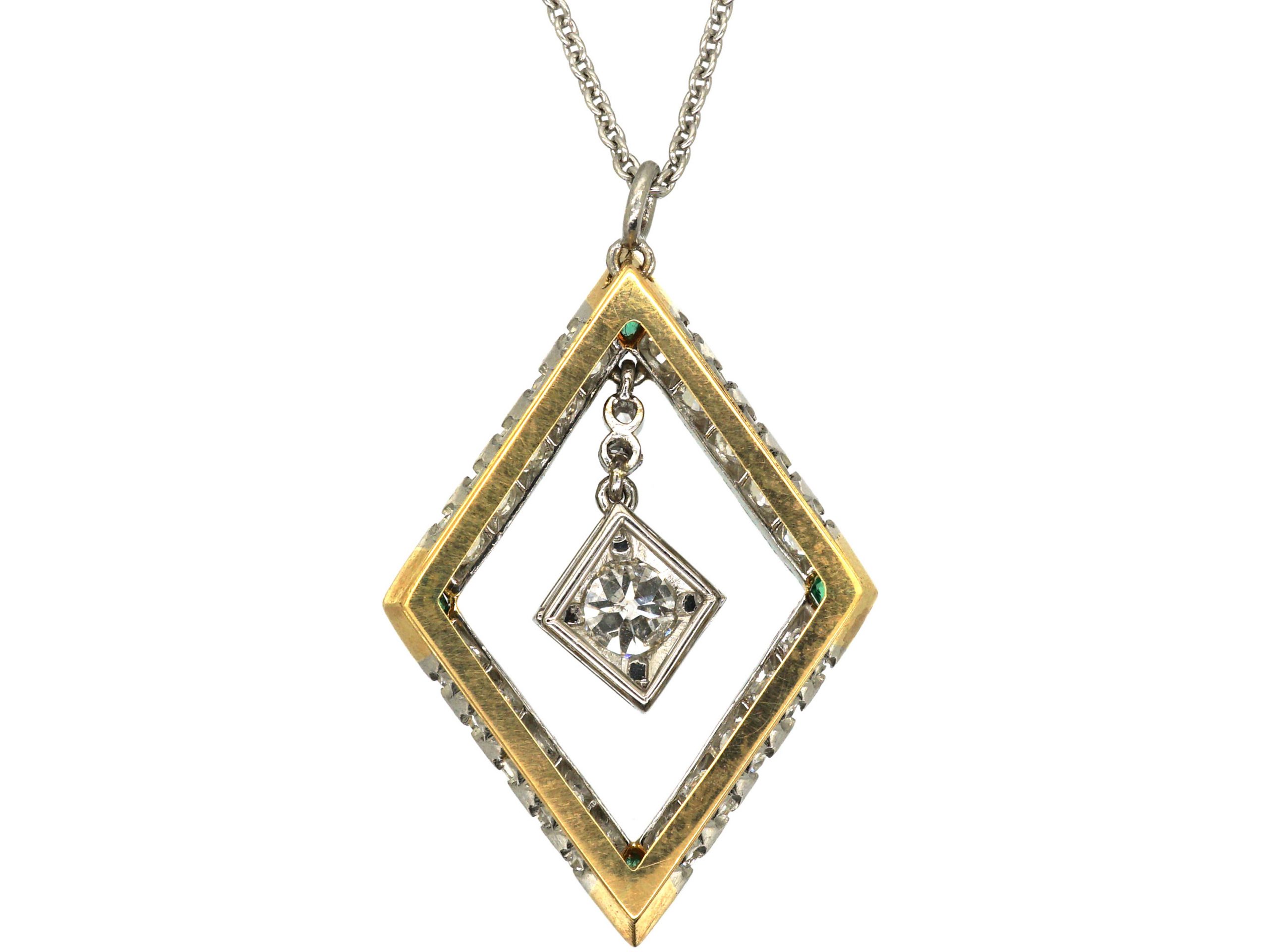Art Deco 18ct Gold & Platinum, Emerald & Diamond Pendant on Platinum