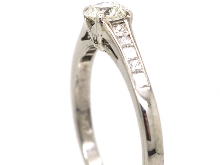 18ct White Gold Diamond Solitaire Ring with Princess Cut Diamond Shoulders