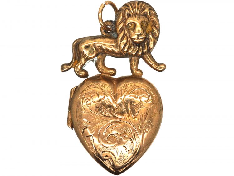 Edwardian 9ct Gold Heart Shaped Locket with Lion Above