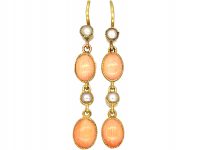 Edwardian 15ct Gold, Angel Skin Coral & Natural Split Pearl Drop Earrings