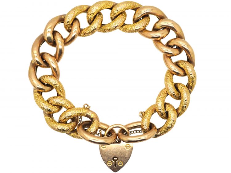 Edwardian 9ct Gold Curb Bracelet with Alternate Engraved & Plain Links