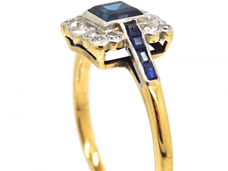 Art Deco 18ct Gold, Sapphire & Diamond Square Ring with Sapphire Shoulders