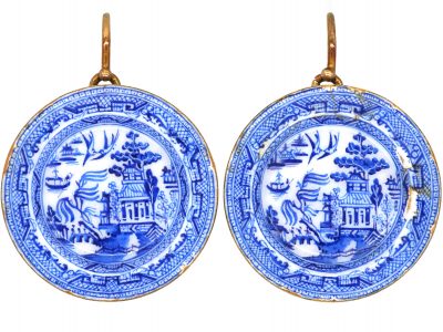 Victorian 18ct Gold & Blue Enamel Spode Plate Earrings
