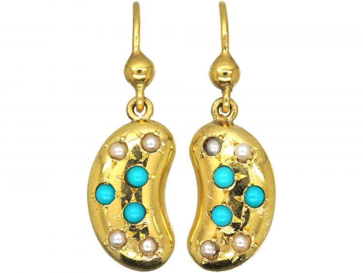 Edwardian 15ct Gold Kidney Bean Earrings set with Turquoise & Natural Split Pearls