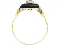 Art Deco 14ct White & Yellow Gold Onyx & Three Stone Diamond Rectangular Shaped Ring