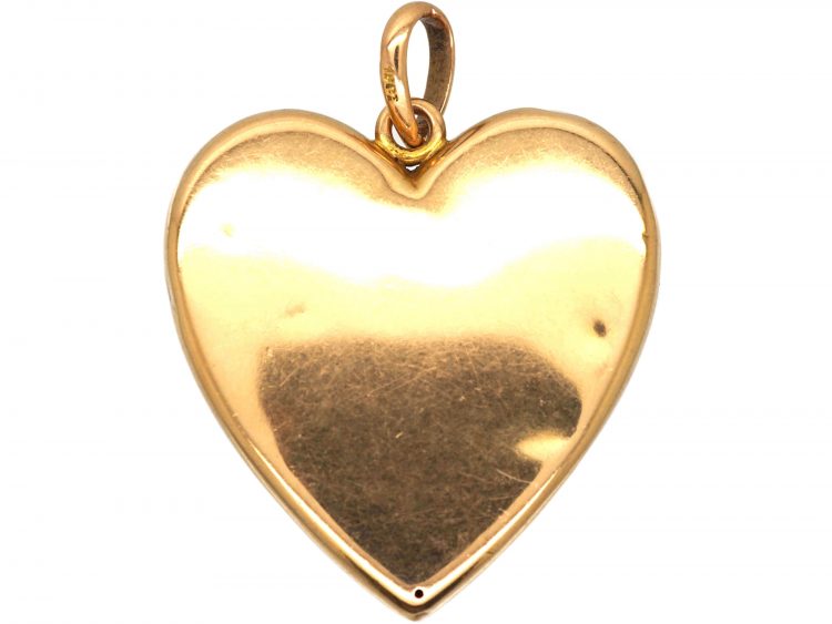Edwardian 18ct Gold, Large Heart Shaped Pendant with Enamelled Pansy & Natural Split Pearl