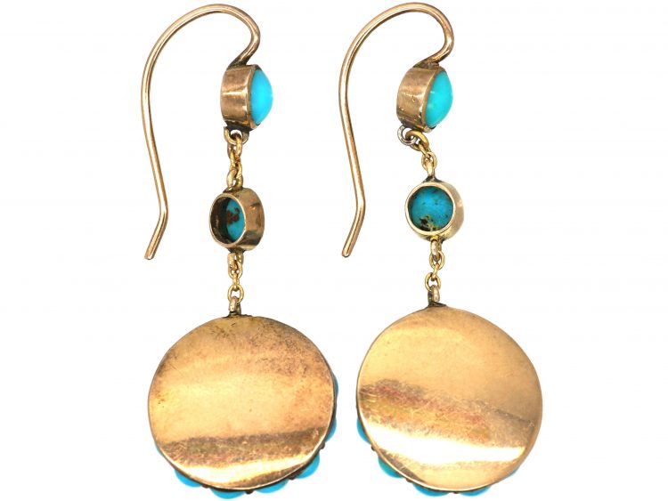 Victorian 15ct Gold, Pave Set Turquoise & Diamond Drop Earrings