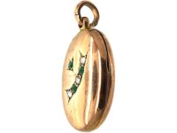 Edwardian 9ct Gold Back & Front Oval Locket with Green Paste & Natural Split Pearl Motif