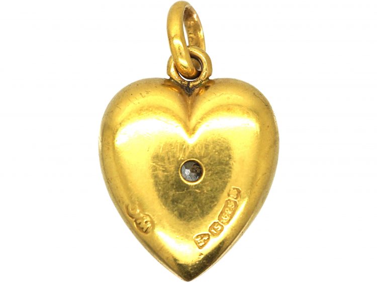 Edwardian 15ct Gold Heart Pendant set with a Diamond & Natural Split Pearls
