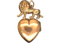 Edwardian 9ct Gold Heart Shaped Locket with Lion Above