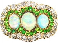 Early 20th Century 14ct Gold, Three Stone Opal Surrounded by Green Garnets & Diamonds  Ring