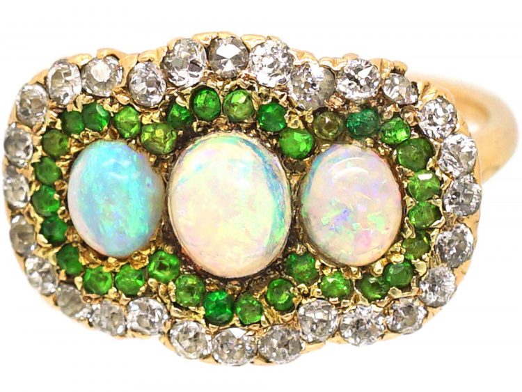 Early 20th Century 14ct Gold, Three Stone Opal Surrounded by Green Garnets & Diamonds  Ring