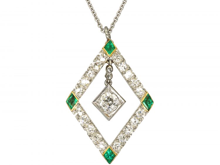 Art Deco 18ct Gold & Platinum, Emerald & Diamond Pendant on Platinum Chain