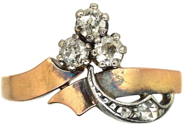 French Art Nouveau 18ct Gold & Diamond Three Leaf Clover Ring