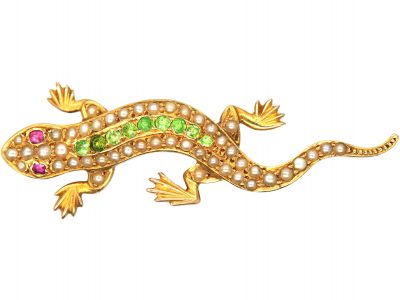 Edwardian 15ct Gold Salamander Brooch set with Green Garnets, Rubies & Natural Split Pearls