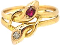 Edwardian 18ct Gold Double Snake Ring set with a Ruby & Diamond