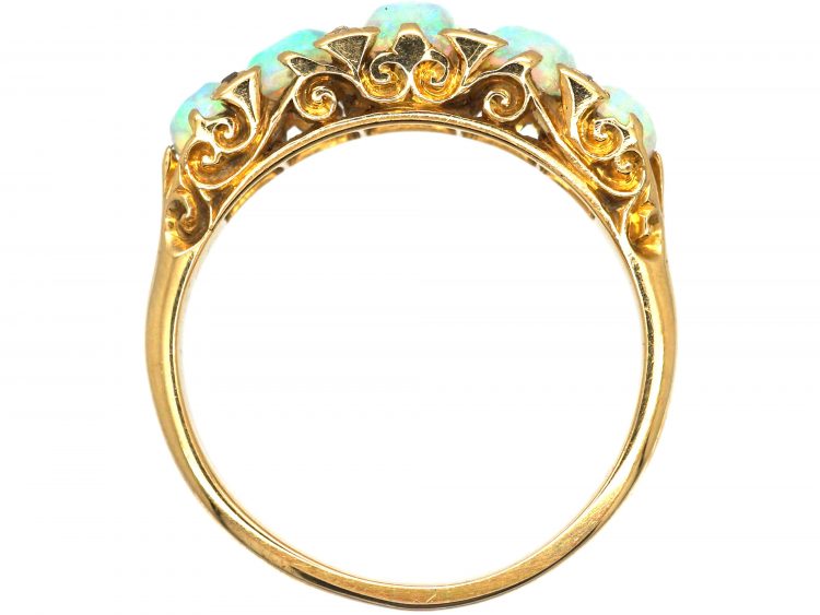 Edwardian 18ct Gold, Carved Half Hoop Five Stone Opal & Rose Diamond Ring