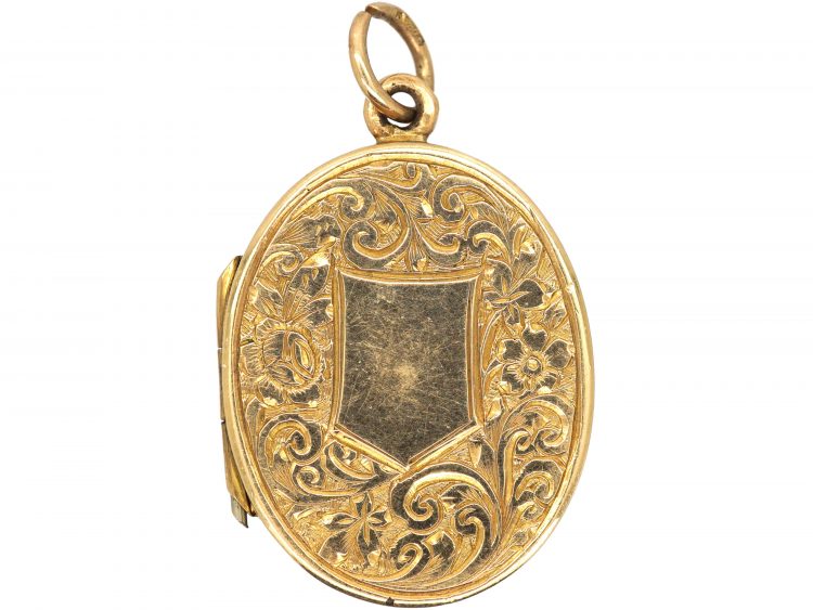 Edwardian 9ct Gold Oval Locket Engraved with Ivy Leaves & Roses