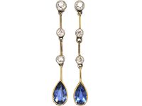 Edwardian 15ct Gold, Diamond & Sapphire Drop Earrings