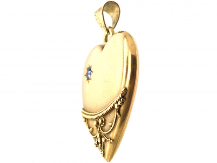 Edwardian Large 15ct Gold Heart Shaped Pendant set with a Sapphire